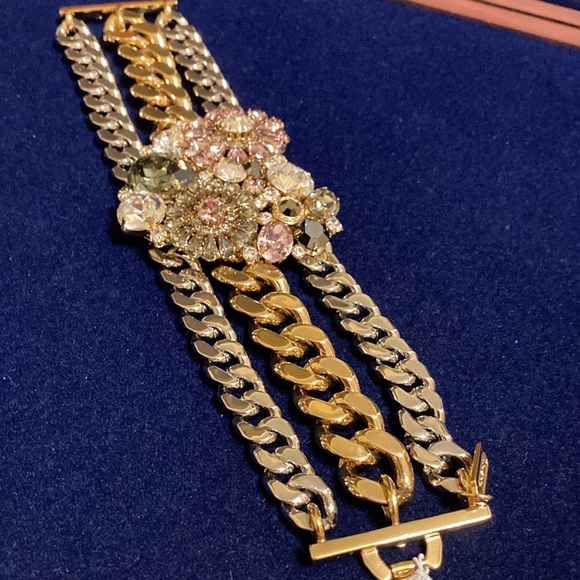 NWT Coach multicolored rhinestone heart pendant & silver/gold LG link bracelet - Picture 3 of 16